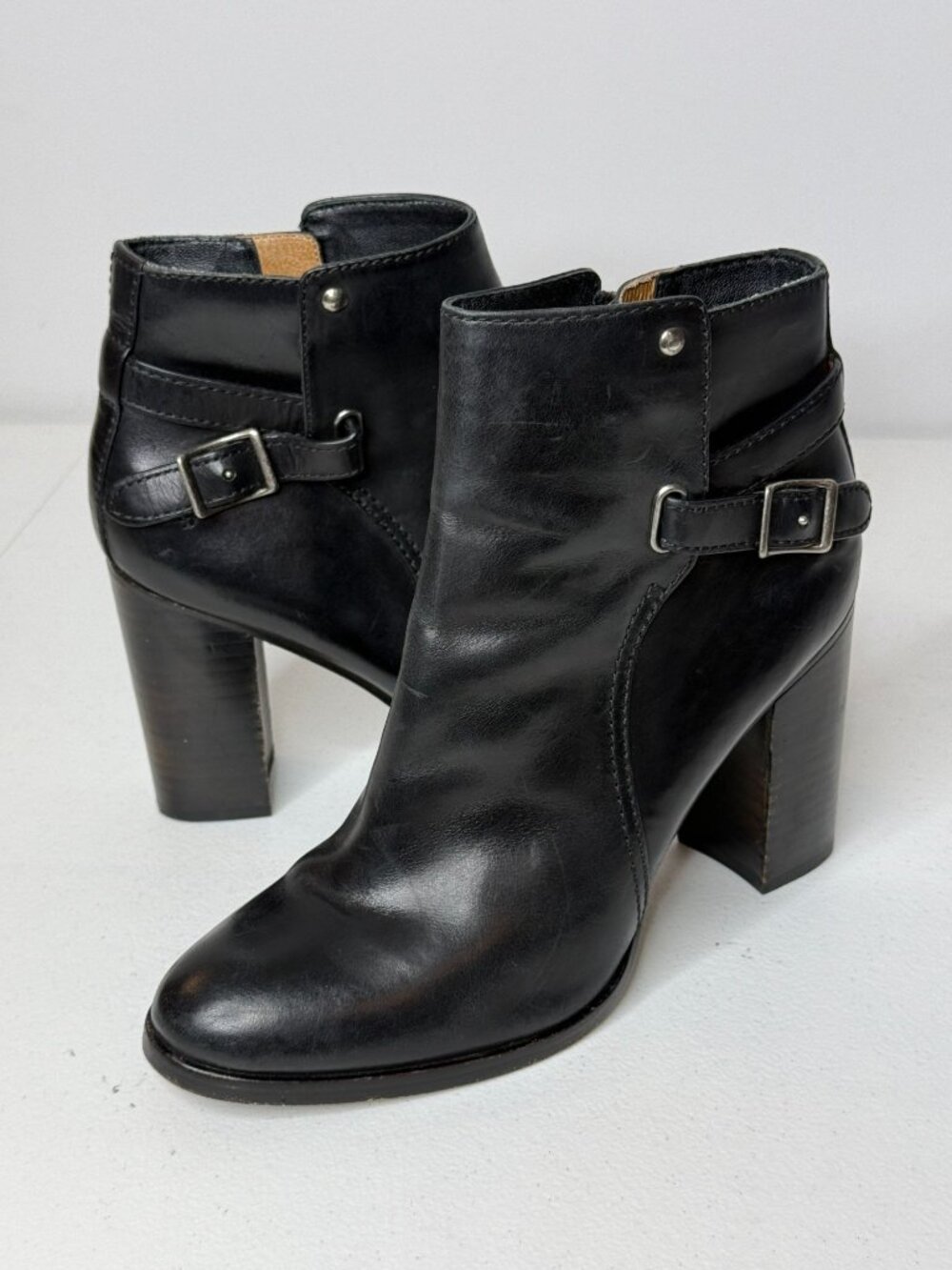 Frye Black Leather Moto Ankle Boots 8 Buckle Block Heel Biker Grunge Edgy